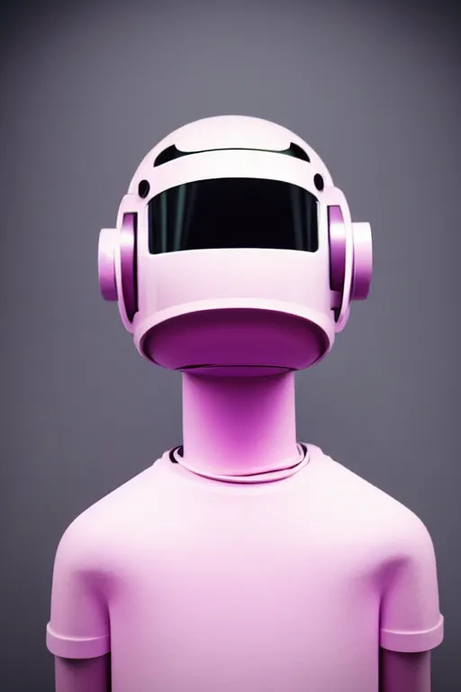 Prompt: a high definition film photograph of a normal androgynous robot human wearing a plain white t - shirt, in a pastel pink room. happy. perspex visor covering eyes. reflective perspex helmet. crushed shadows.