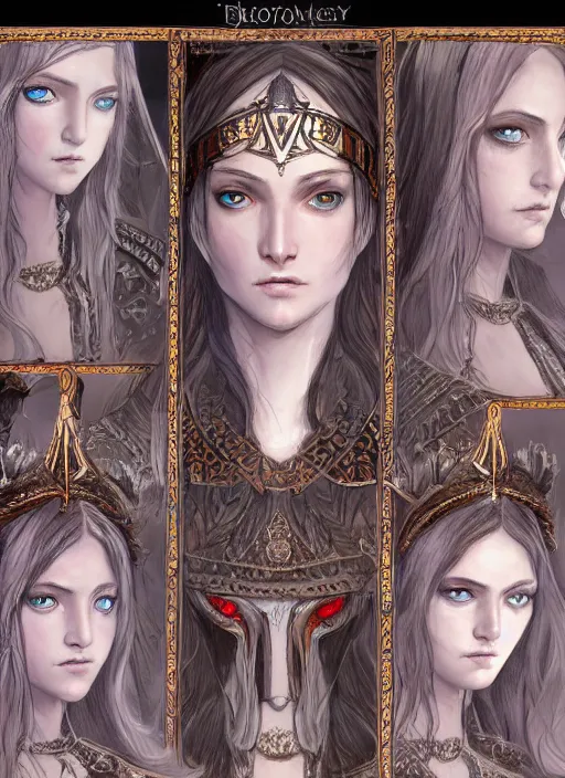 Image similar to full body concept art sheet, photorealistic symmetrical beautiful teenage face, symmetric eyes, female priestess with shiny hair wearing full intricate clothing, temple, godray, intricate, cg society, Elden Ring, darksouls, bloodborne