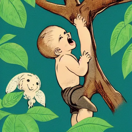 Image similar to baby crawling up a tree with a big grin on its face, in the style of vintage antique illustration and line drawing or engraving