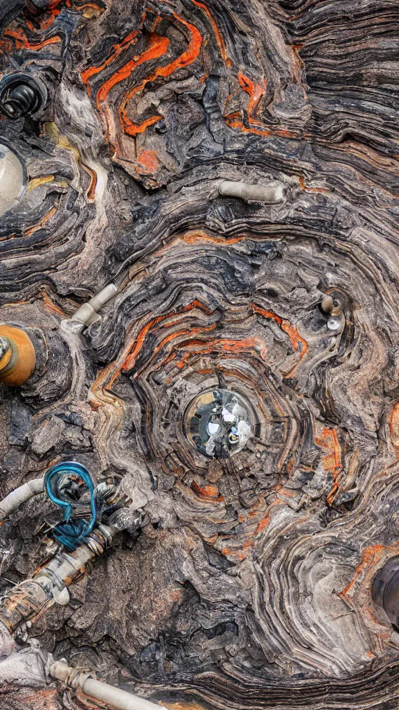 Image similar to ultra realistic macro photography of the giant magical machine embedded within the mountain, colourful sedimentary and igneous rock and marble, rock textures industrial machinery, factory machines, robotics pistons, pipes and valves, super conducters, circuitry. 8k 3D geology photograph