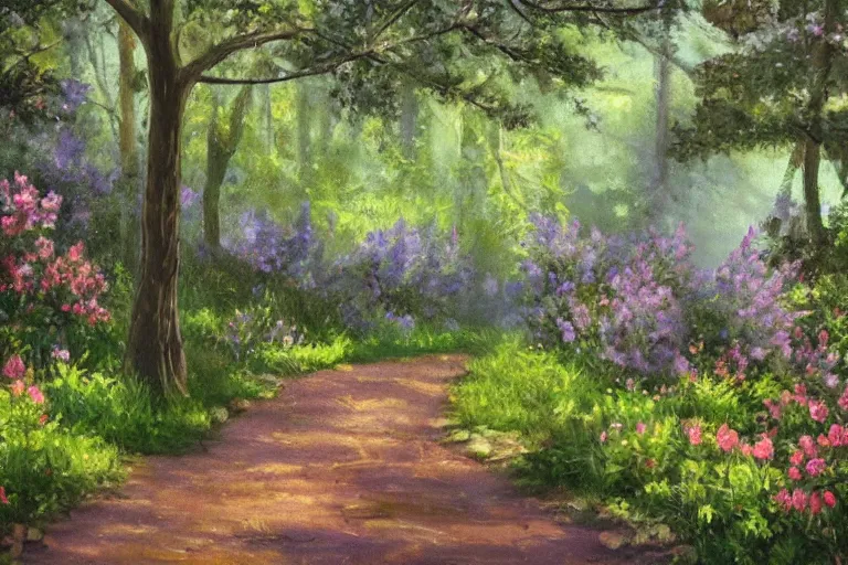 Prompt: vintage iron lamp post in the lush forest in the spring. Cinematic, purple lupin flowers, hiking trail. Intricately detailed oil painting