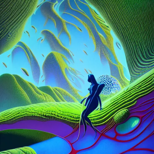 Prompt: striking colours vivid gaps holes neonothopanus creatures landscape art by roger dean, valley jagged arches, reflections, art by michael whelan, liquidart organic textures, seedpods, art by kilian eng, moebius artwork, futuristic by roger dean hires 8 k detailed natural textures