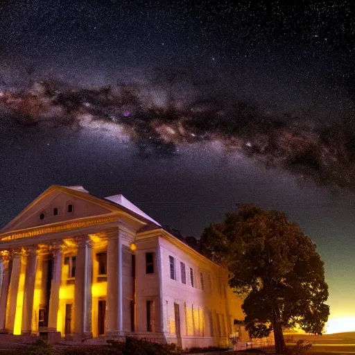 Image similar to courthouse on fire at night with the milky way in the sky, award winning photo, 8k hyperrealistic