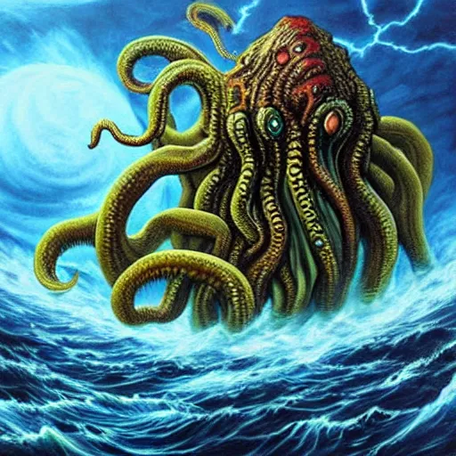 Image similar to hyperealistic painting of cthulhu is fighting many gods in a ocean that is in space, and cthulhu is wreaking havoc and causing the structure of the ocean to collapse