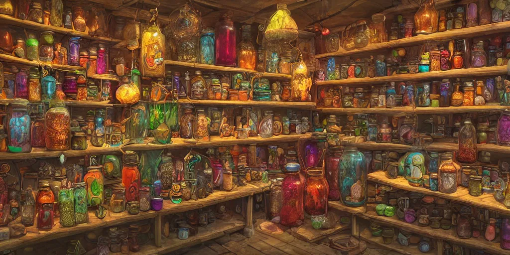 Prompt: Inside an old Magical Shop, large jars on shelves, beautiful labels, fantasy vendor interior, wide angle, highly detailed, rich bright colors, trending on artstation
