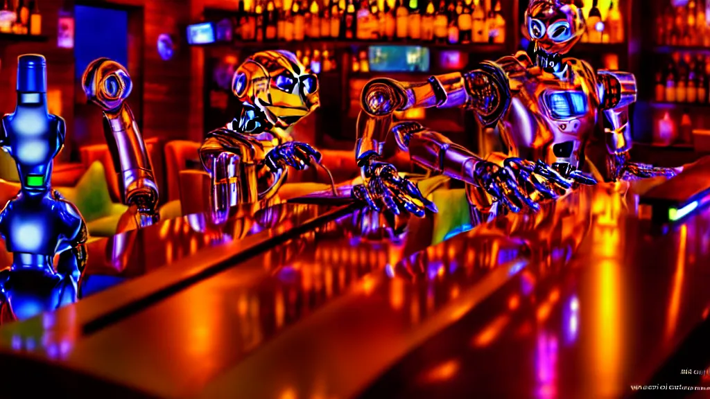Prompt: robots drinking alcohol, inside a bar, vibrant colors, hyper-realistic, extreme detail, sharp photo, beautiful, cinematic 4K,, by Sorayama
