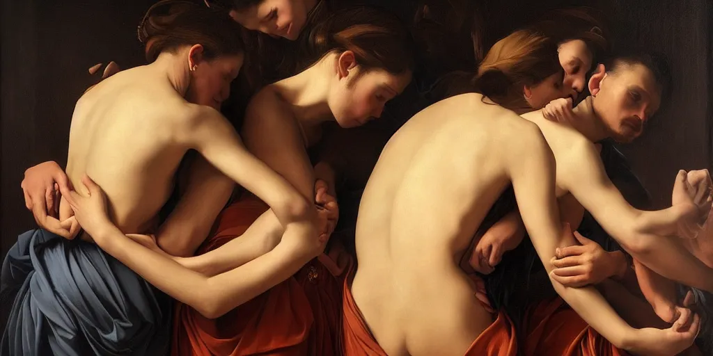 Image similar to beautiful oil matte portrait painting, multiple bodies intertwined, wonderful masterpiece highly detailed, beautiful cinematic light deep focus, elegant, digital painting, smooth, sharp focus, golden ratio, dramatic illumination, ultra realistic, 8 k, art by artemisia lomi gentileschi and caravaggio