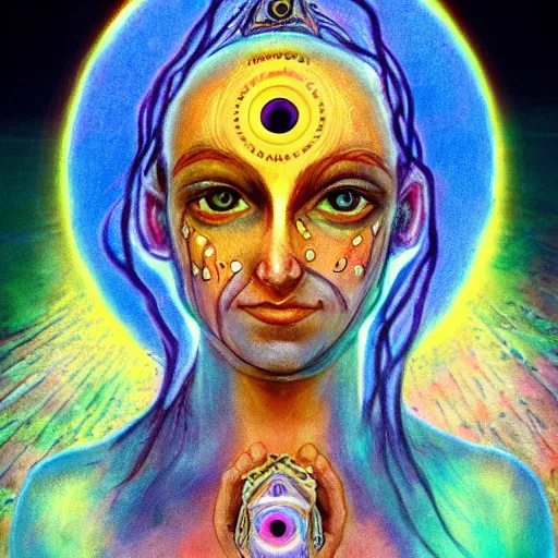 Image similar to three eyed goddess, third eye in middle of forehead, wide shot, hairy bodies, feet in water, beautiful colors, eye in forehead, pins, beautiful lighting, very detailed, eyes reflecting into eyes reflecting into infinity