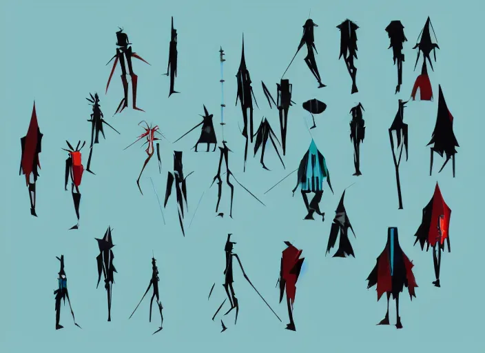 Prompt: silhouettes of grim reaper robots by masaaki yuasa, mixed media shape design