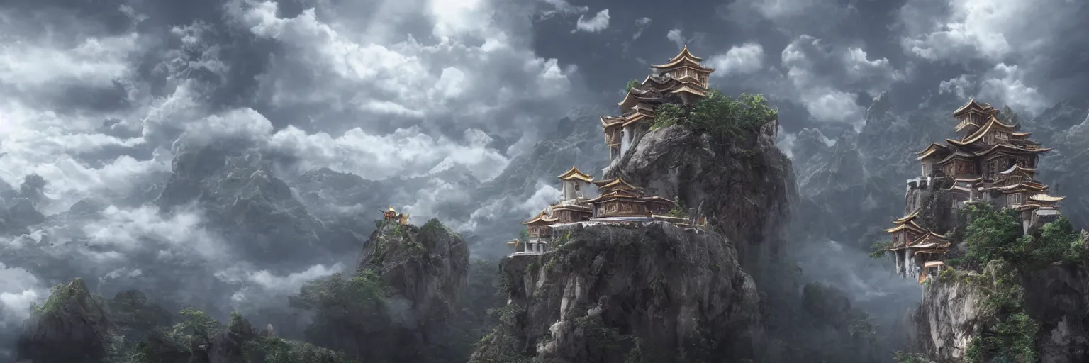 Image similar to flying monastery in the clouds, octane render, by Tomino-sama