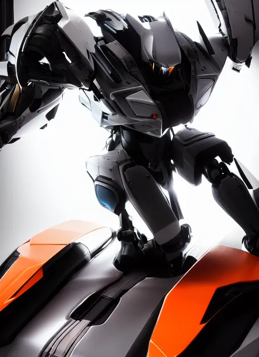 Image similar to a Photorealistic dramatic hyperrealistic full frame render of a Sleek futuristic exosuit Freedom Formula Racing Mech,Ultra realistic details,glossy white metal,Orange racing stripes,weathered surfaces,by Hidetaka Tenjin,Yoh Yoshinori,Yoji Shinkawa,Masamune Shirow,Beautiful dramatic dark moody tones and lighting,cinematic atmosphere,studio lighting,shadows,dark background, Octane render,8K