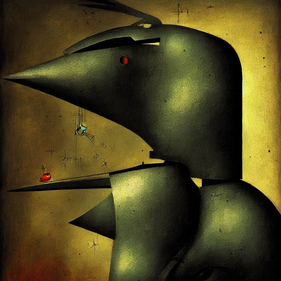 Image similar to robot bird, by hieronymus bosch, oil paint, portrait of a robotic bird by ben templesmith, portrait, cinematic, epic composition, digital painting, digital art, masterpiece