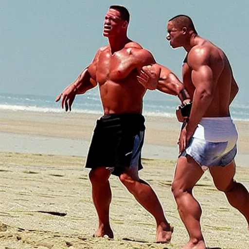 Image similar to John Cena fights Will Smith on the beach