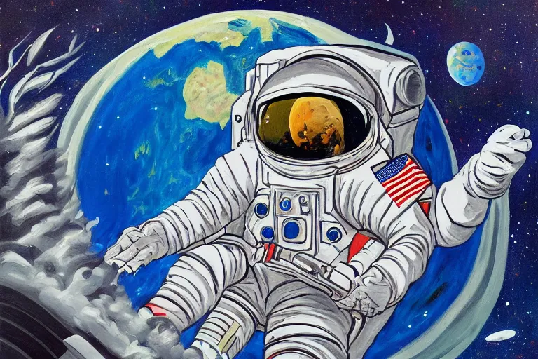 Image similar to A painting of an astronaut laying on the moon looking at earth in the style of Flooko, acrylic art, detailed,