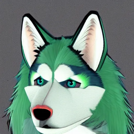 Prompt: furry anthro husky with scene - style hair, the hair has green highlights, style of milesdf, stylized, drawn