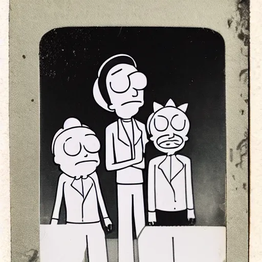 Prompt: tintype photo of cartoon rick and morty