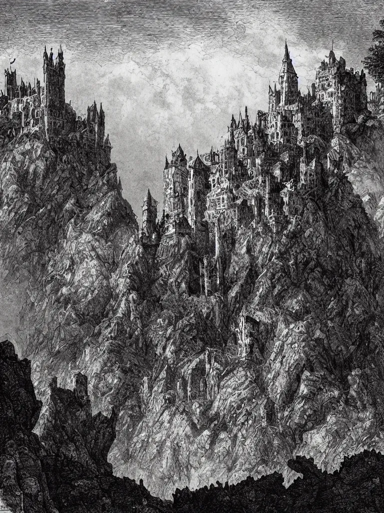 Prompt: an engraving of gormenghast, an enormous castle city on a huge rock, seen from a distance by ian miller, gustave dore, storybook illustration, highly detailed, looking up, clouds, viaducts, lithograph engraving