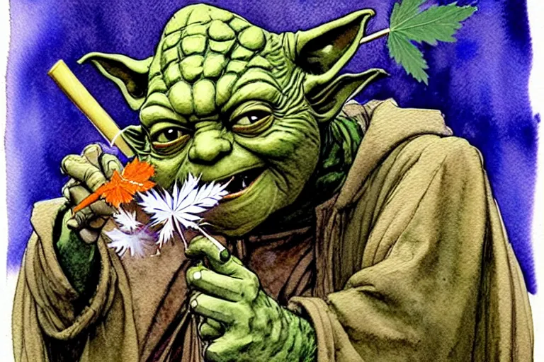 Image similar to a realistic and atmospheric watercolour fantasy character concept art portrait of yoda with bloodshot eyes laughing holding a blunt with a pot leaf nearby, by rebecca guay, michael kaluta, charles vess and jean moebius giraud