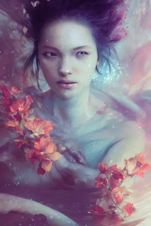 Image similar to face closeup a young beautiful girl drowned in water, underwater photography, 3 d render, hyper realistic detailed portrait, holding magic flowers, ruan jia, wlop. scifi, fantasy, hyper detailed, octane render, concept art, by peter mohrbacher, by wlop, by ruan jia