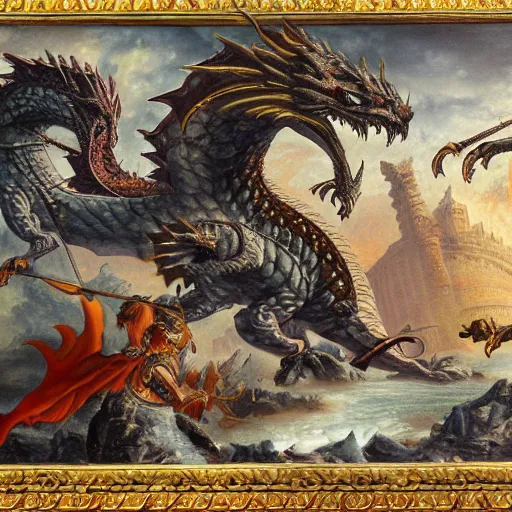 Prompt: dragons, fall of rome, epic painting