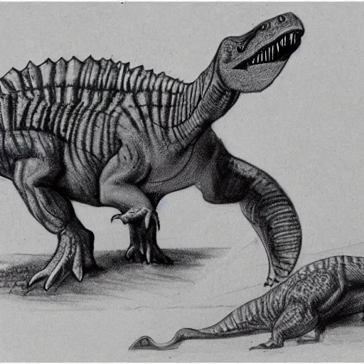 Prompt: 1 9 0 0's sketches of dinosaurs seen in the wild