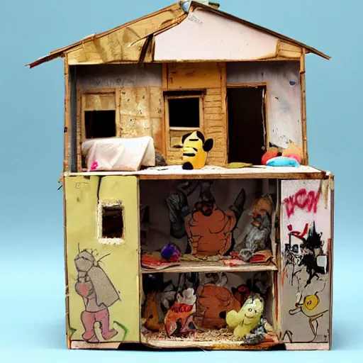 Image similar to Winnie the pooh sock puppet decaying in apocalyptic graffiti dollhouse