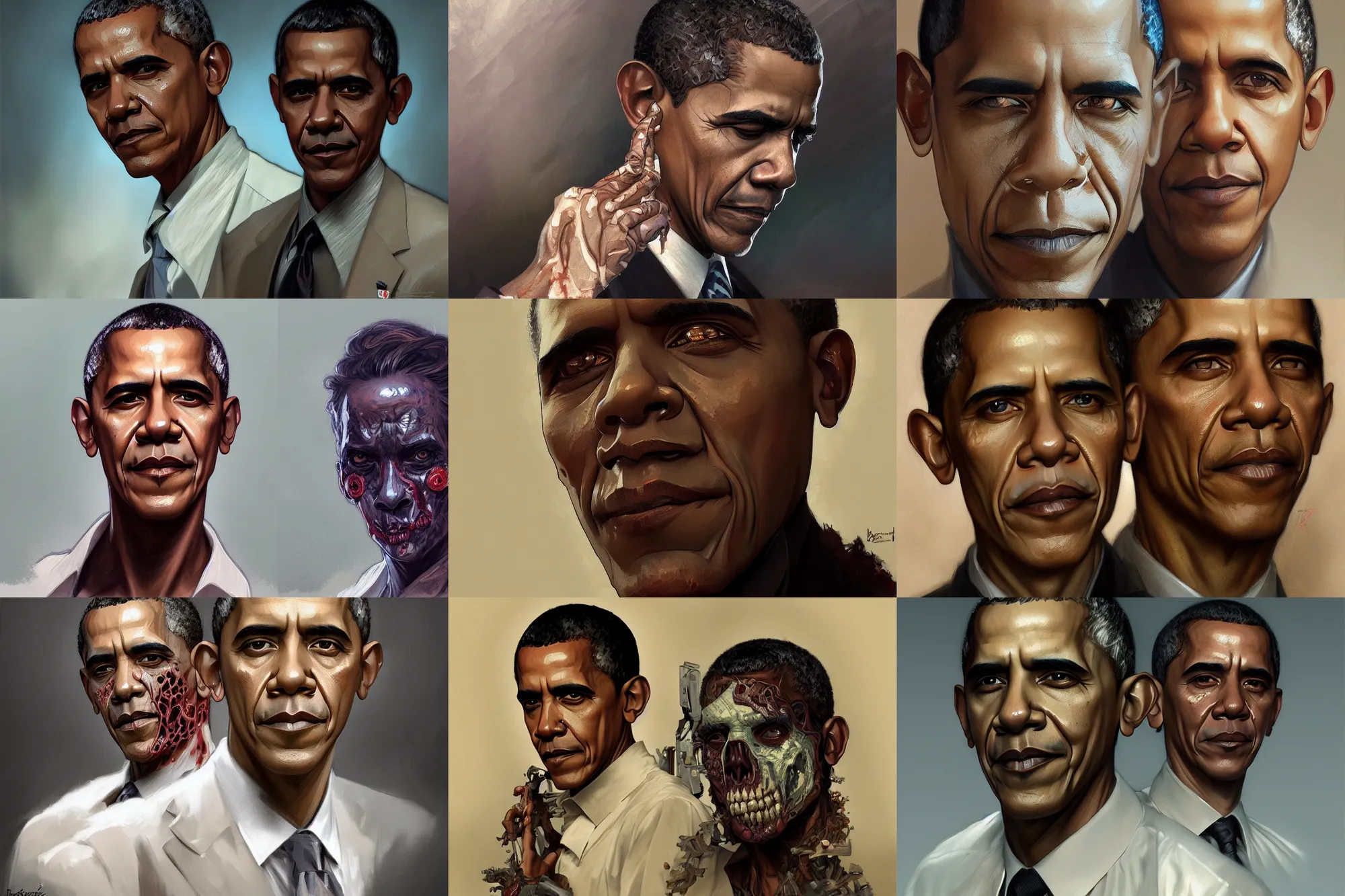 Prompt: portrait of a Barack Obama zombie, intricate, elegant, highly detailed, digital painting, artstation, concept art, smooth, sharp focus, illustration, art by Krenz Cushart and Artem Demura and alphonse mucha