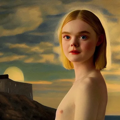 Prompt: Elle Fanning in Santorini at night, head and shoulders portrait, stormy weather, extremely detailed masterpiece, Roger Deakin’s cinematography, oil on canvas, Edward Hopper,