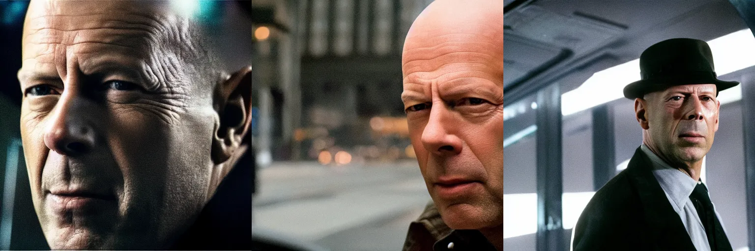 Prompt: close-up of Bruce Willis as a detective in a movie directed by Christopher Nolan, movie still frame, promotional image, imax 70 mm footage