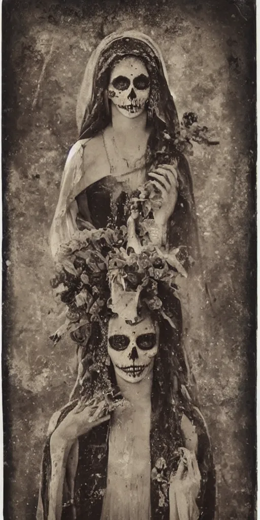 Image similar to tintype full body view, virgin mary in dia de muertos dress and make up, horrific beautiful vibe, evocative, atmospheric lighting, painted, intricate, highly detailed,