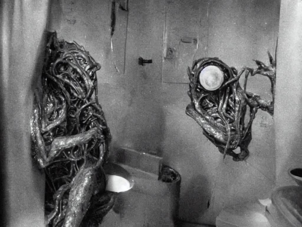 Image similar to HP Lovecraft alien sitting on the toilet. Color photograph from modern sci-fi film.