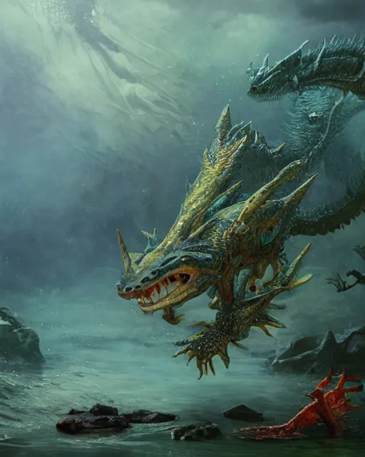 Image similar to ethereal, mysteriously beautiful giant huge kaiju sized pond dragon half fish half salamander, sea dragon, wet amphibious skin, red salamander, axolotl creature, pond, village by Ruan Jia and Gil Elvgren, fullbody