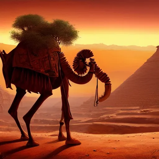 Image similar to an african moor wearing white robes riding a robot camel through the valley of the kings, by greg rutkowski and android jones, oil on canvas, 8k, synthwave sunset