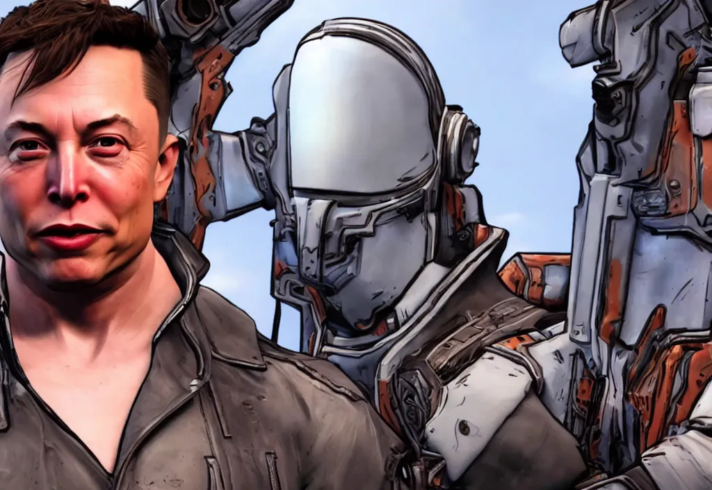 Image similar to elon musk in borderlands elon musk in the video game borderlands, gameplay screenshot, close up, 3 d rendering. unreal engine. amazing likeness. very detailed.