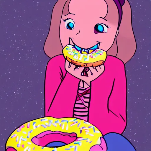 Image similar to Mabel Pines eating a donut, colourful, drawing, masterpiece, high detail, digital art