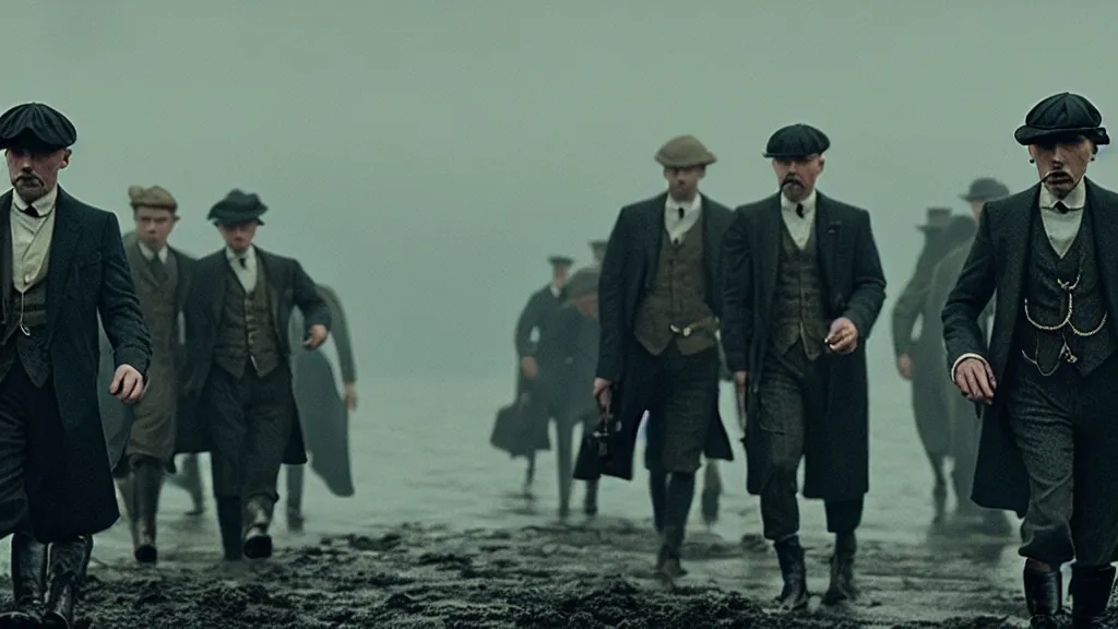 Prompt: the peaky blinders shrimps coming out of the ocean film still from the movie directed by denis villeneuve with art direction by zdzis