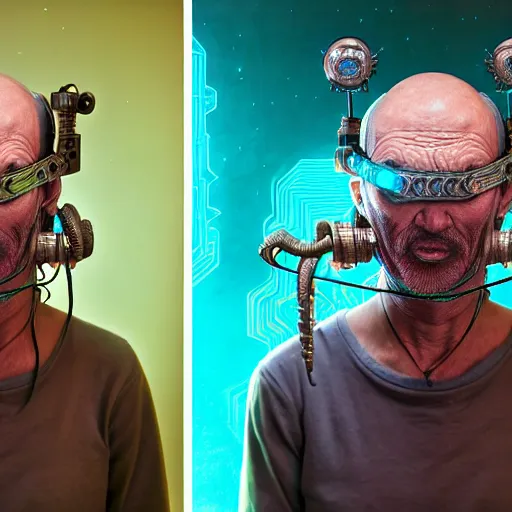 Image similar to Colour Photography of 1000 years old man with highly detailed 1000 years old face wearing higly detailed cyberpunk VR Headset designed by Josan Gonzalez Many details. Man raging screaming . In style of Josan Gonzalez and Mike Winkelmann andgreg rutkowski and alphonse muchaand Caspar David Friedrich and Stephen Hickman and James Gurney and Hiromasa Ogura. Rendered in Blender