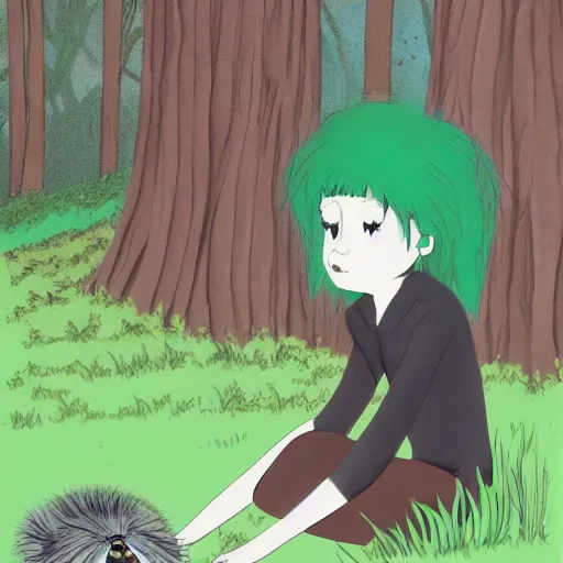 Prompt: a girl with green hair making friends with a dust bunny in the woods in the style of Fujita Tsuguharu w 750