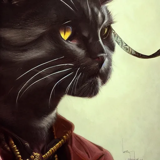 Image similar to portrait, male humanoid cat, eye patch, black fur, pirate, doctor, pirate clothes, d & d, fantasy, intricate, elegant, highly detailed, digital painting, artstation, concept art, matte, sharp focus, illustration, art by artgerm and greg rutkowski and alphonse mucha