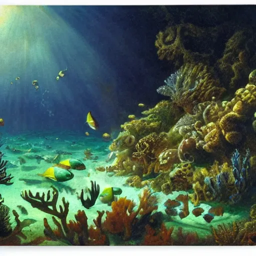 Prompt: underwater abyss, sea creatures, depths, green atmosphere, darkness, fish, by asher brown durand, by iyoshitaka amano