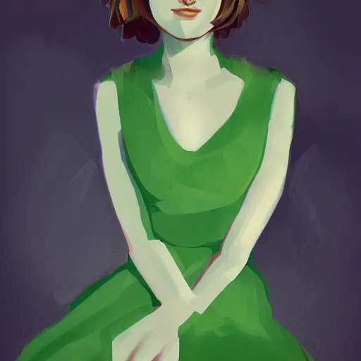 Prompt: a portrait photo of a young woman with short brown hair and green eyes, dress, space as the background, trending on artstation