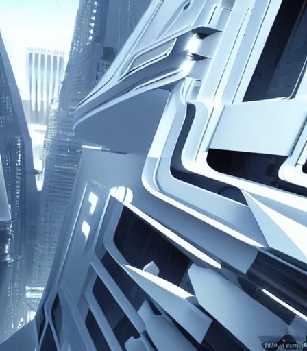 Image similar to Mirror's Edge 3 concept art, futuristic but minimalistic at the same time, clean white colors and small hints of blue and green, parkour pov