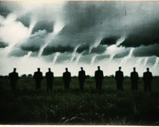 Prompt: 8 mm film, blurry, grainy, liminal, unsettling, group of tall men in suits in a field, thunderstorm, dark night