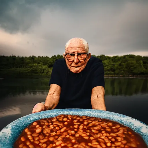 Prompt: an elderly man swimming in baked beans, 🌕, canon eos r 3, f / 1. 4, iso 2 0 0, 1 / 1 6 0 s, 8 k, raw, unedited, symmetrical balance, wide angle