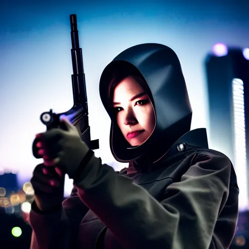 Image similar to photographic portrait of a techwear woman holding a shotgun, closeup, on the rooftop of a futuristic city at night, sigma 85mm f/1.4, 4k, depth of field, high resolution, full color, Die Hard, movies with guns, movie firearms