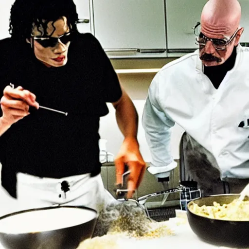 Image similar to Michael Jackson and Walter white cooking in the lab