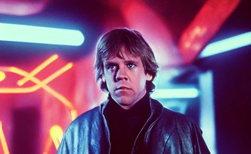 Prompt: screenshot portrait of Luke Skywalker in a seedy underground neon bar, iconic scene from 1980s film by Ridley Scott, 4k, cinematic still frame, cyberpunk sci fi architecture, portrait photoreal, detailed photo of Mark Hammill in the 1980s, moody lighting, stunning cinematography, hyper-detailed, sharp, anamorphic lenses, kodak color film stock