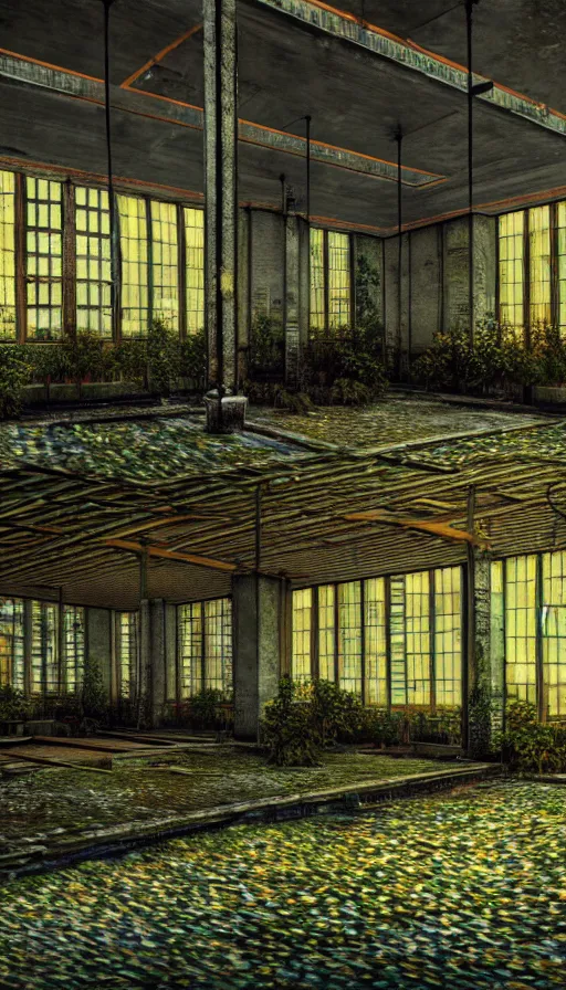 Prompt: a beautiful photorealistic illustration of building architecture city unfinished building industrial architecture urbex nature abandoned patio by vincent van gogh, at night otherworldly flowers alien fisheye thermal imaging hyperrealism, archdaily, wallpaper, highly detailed, trending on artstation.