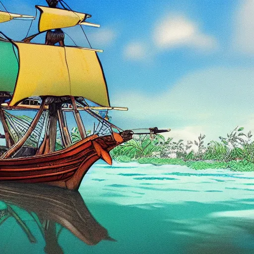 Image similar to brigantine pirate ship that has a green fruit tree in the middle of it, surrounded by water, bold complementary colours, 2 d matte, comic book art,