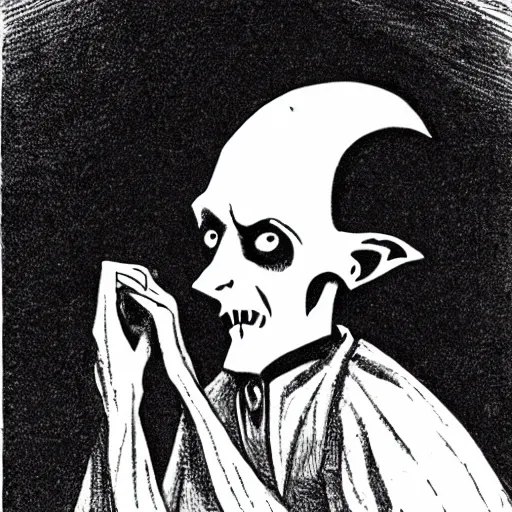 Image similar to Nosferatu sits in an igloo while drawing a self-portrait, over the shoulder view